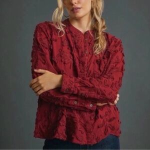 Pilcro Anthropologie Whitney Textured Trapeze Red Floral Button Top Women Large